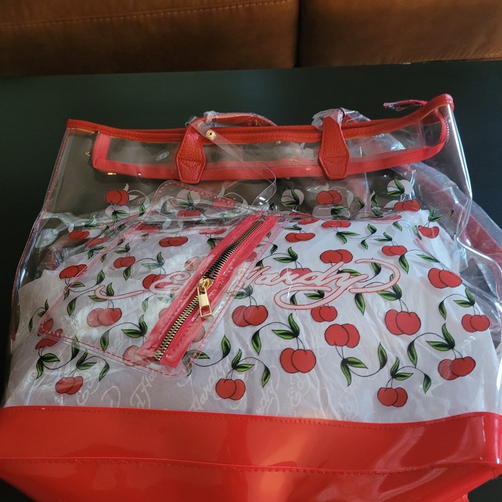 Ed Hardy Cherry Print Clear Tote Bag - Red